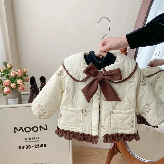 Winter Girls Coat Kids Baby Parkas Cotton Padded Plus Velvet Thickened Warm Children's Coat Solid Girls Embroidery Jacket