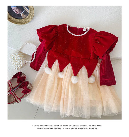Winter Bow Sequin Dress for Girls' 2025 New Fashion Baby Red Christmas Dresses Velvet Patchwork Mesh A-line Princess Dress