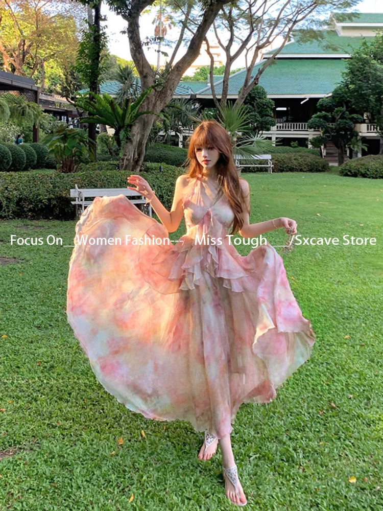 Summer Vacation Dress Woman French Elegant Irregular Floral Suspender Dress Beach Stylem Korean Fashion Midi Dress Chic