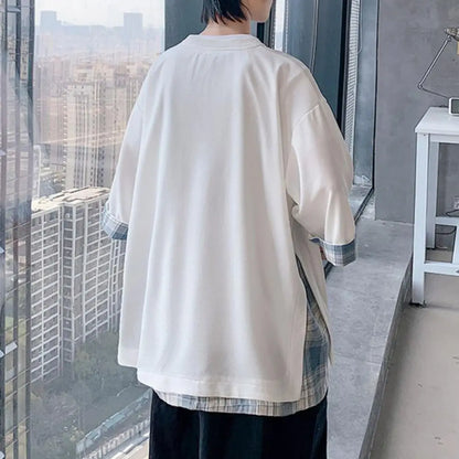 Summer Men's T-shirts  Korean Style Loose Fake Two-piece Mid Length Plus Size Three Quarter Sleeves Streetwear Outdoor Top