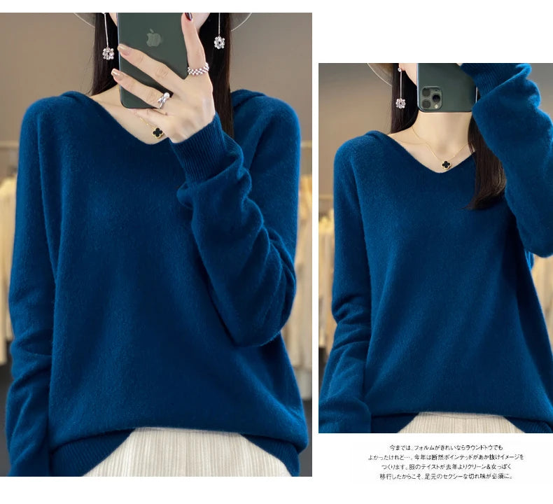 2024 100% Merino Pure Wool V-neck Hoodie Autumn/Winter Hoodie New Cashmere Sweater Women's Casual Knitted Top DMR207