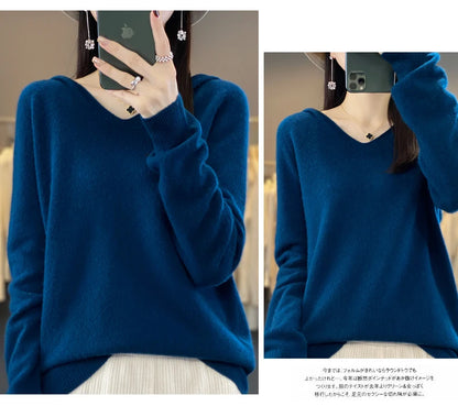 2024 100% Merino Pure Wool V-neck Hoodie Autumn/Winter Hoodie New Cashmere Sweater Women's Casual Knitted Top DMR207