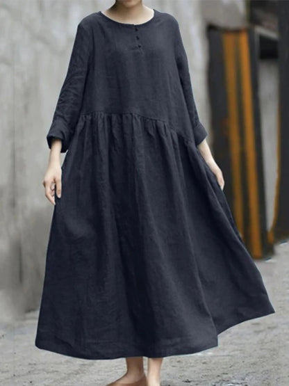 Summer Dress for Women 2023 Fashion Solid Cotton Crewneck Loose Casual Long Sleeve Women Dresses Robe Streetwear Women Clothing