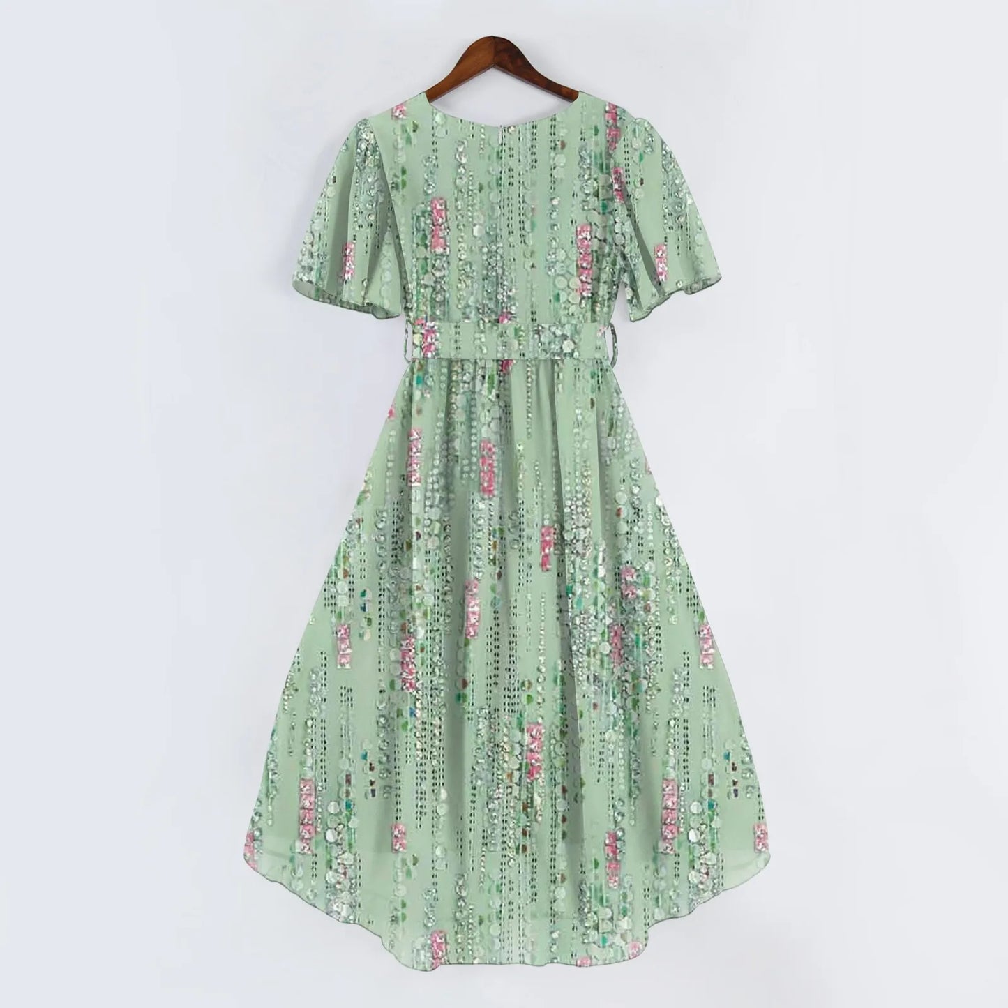 Women Summer Thin Dress Daily Casual Fashion Wrinkles V-Neck Waist Cinching A-Line Zipper Dress Lightweight Comfy Vacation Dress