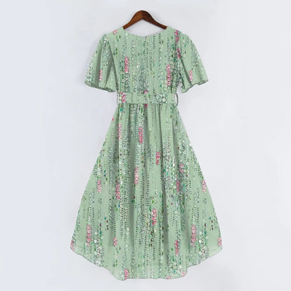 Women Summer Thin Dress Daily Casual Fashion Wrinkles V-Neck Waist Cinching A-Line Zipper Dress Lightweight Comfy Vacation Dress