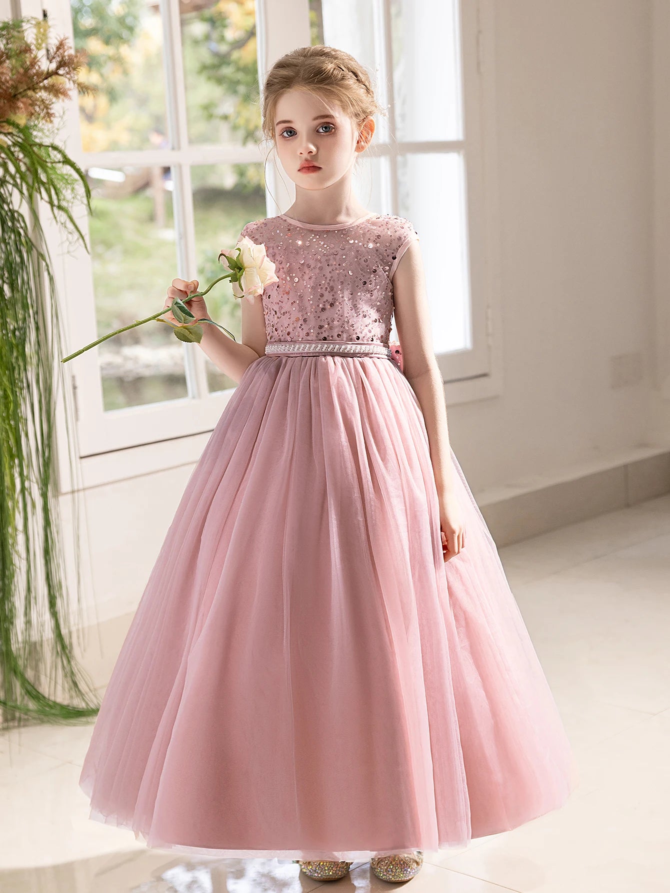 Girl Party Dress Long Pink Gown with Big Bow Evening Dress Puffy Gauze Girl Princess Dress
