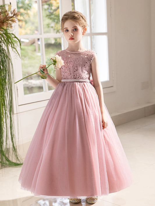 Girl Party Dress Long Pink Gown with Big Bow Evening Dress Puffy Gauze Girl Princess Dress