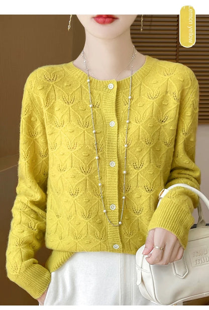 2024 Autumn And Winter New Round Neck Hollowed Out 100 Wool Knitted Cardigan Women's Versatile Coat Loose Casual Sweater DMR281
