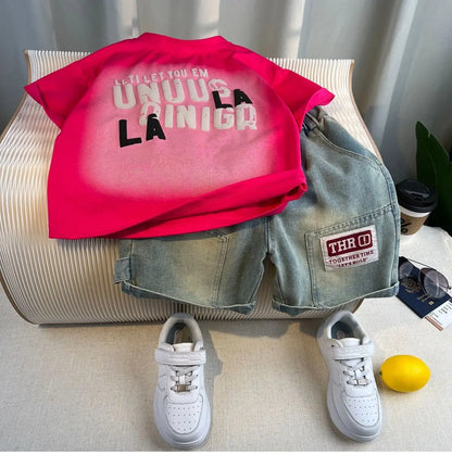 Boys Summer 2025 Boutique Design Outfits Baby Boys Short Sleeve Striped T-Shirt Jeans Shorts 2pcs Korean Clothes for Children