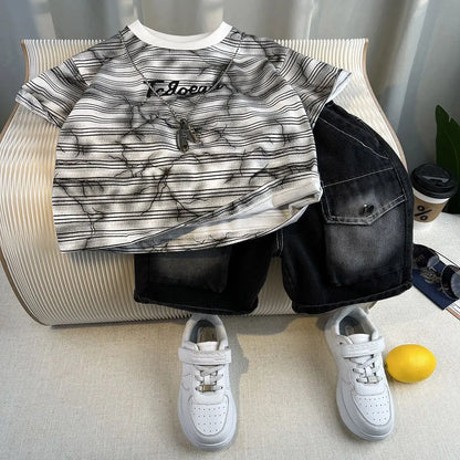 Boys Summer 2025 Boutique Design Outfits Baby Boys Short Sleeve Striped T-Shirt Jeans Shorts 2pcs Korean Clothes for Children