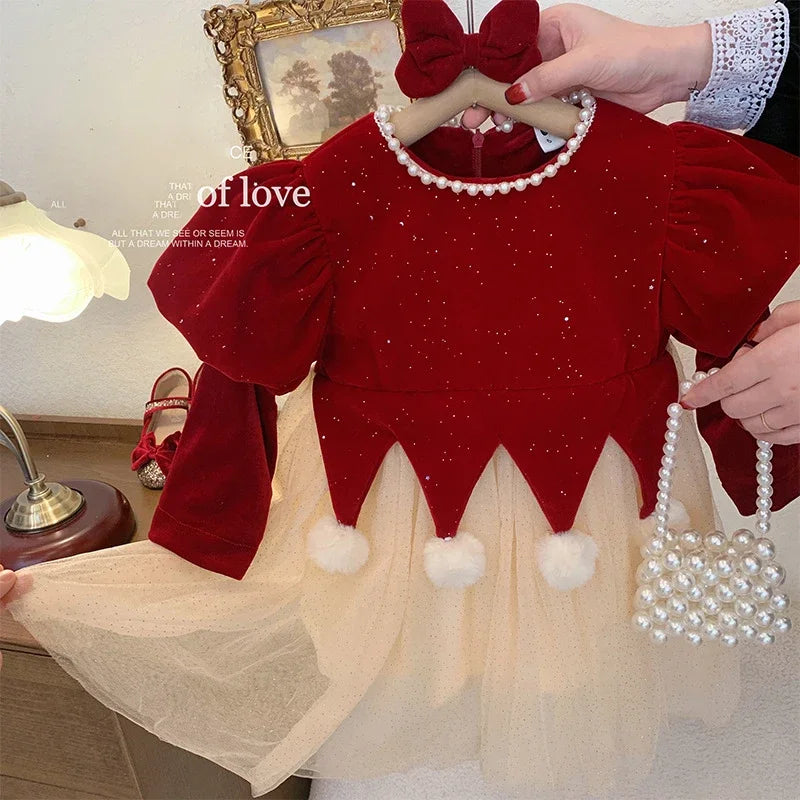 Winter Bow Sequin Dress for Girls' 2025 New Fashion Baby Red Christmas Dresses Velvet Patchwork Mesh A-line Princess Dress