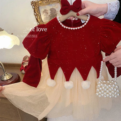 Winter Bow Sequin Dress for Girls' 2025 New Fashion Baby Red Christmas Dresses Velvet Patchwork Mesh A-line Princess Dress
