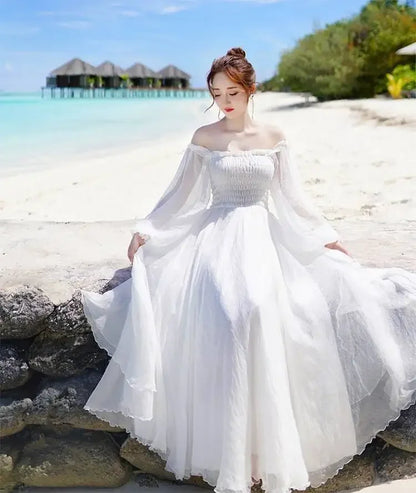 Dresses for Women Summer New Chiffon off-Shoulder Dress White Dress Vestido De Mujer