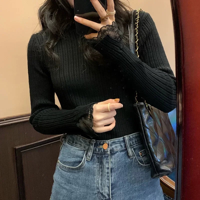 autumn Knitted Turtleneck Long Sleeve Slim Jumper Tops Women Sweater Pullover Lace splicing Ladies Casual Shirts Soft Clothing