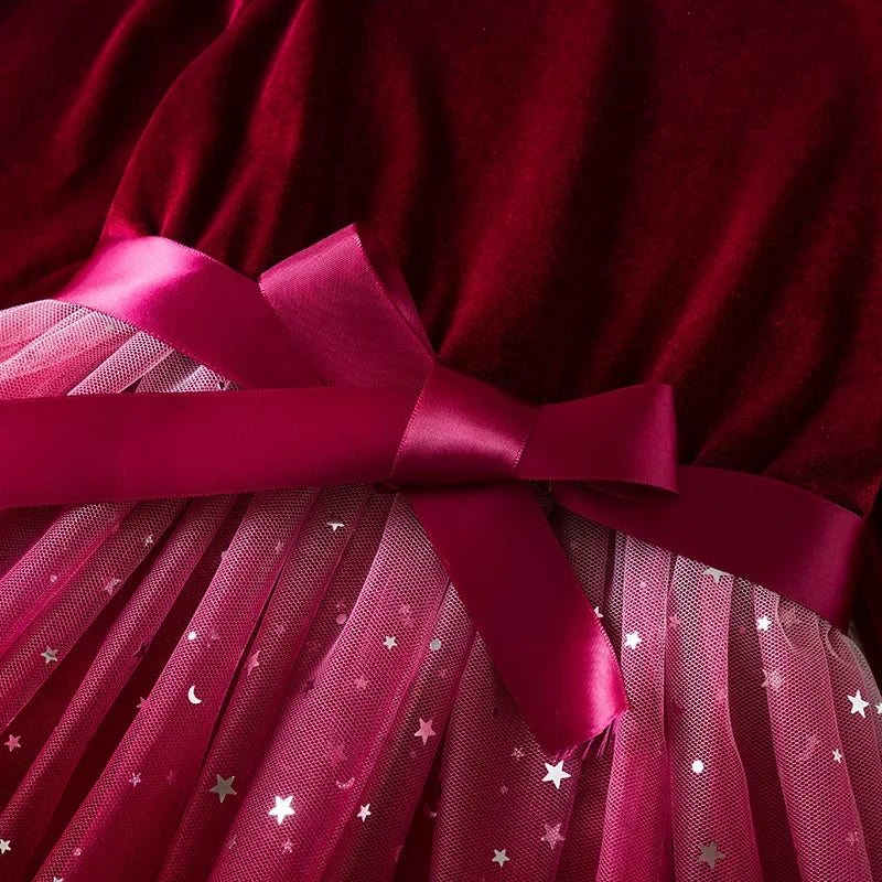 Girl Party Princess Dress Autumn Winter 3-8Y Children Christmas New Year Velvet Top Gradient Stars Mesh Bow Dres