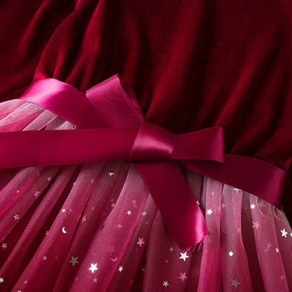 Girl Party Princess Dress Autumn Winter 3-8Y Children Christmas New Year Velvet Top Gradient Stars Mesh Bow Dres