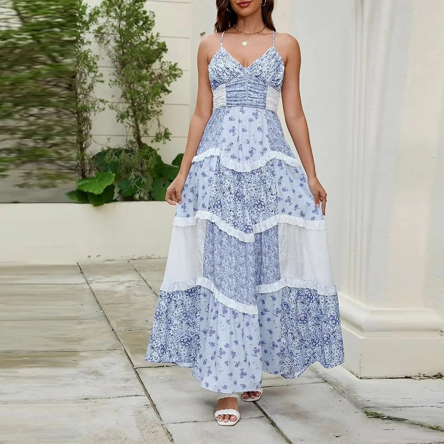 Women'S Spring/Summer Casual V-Neck Floral Printed Beach Midi Dresses Vestido Mujer Summer Dress Robe Femmes Dress Women