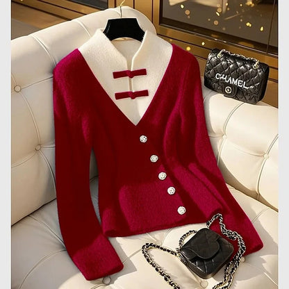 Autumn Winter 2025 Beautiful Temperament Chinese-Style Women Knitting Sweater Fake Two-piece Elegant Cardigan Ladies Sweater