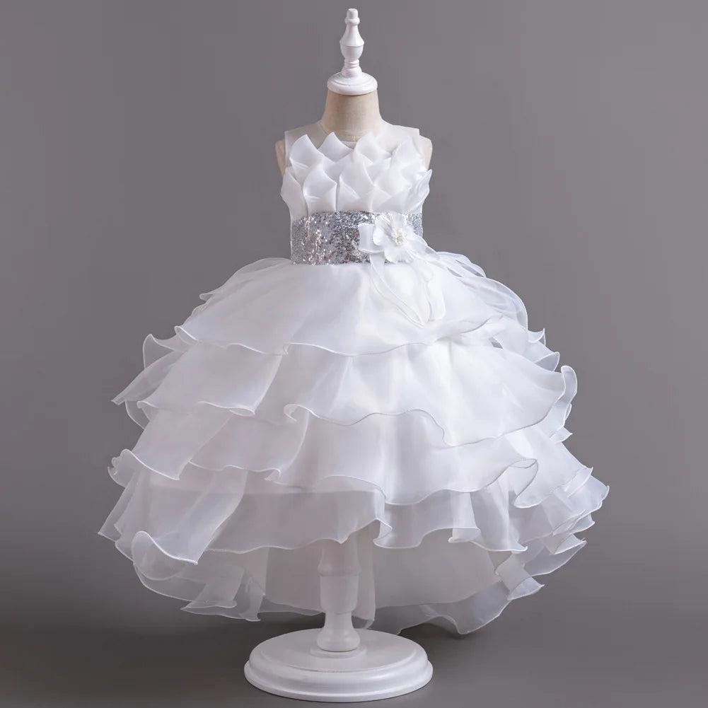 Girls Party Dress with Train, Puffy Cake Dress for Birthday & Flower Girl, Elegant Princess Gown for Host & Special Events