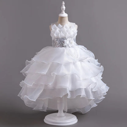 Girls Party Dress with Train, Puffy Cake Dress for Birthday & Flower Girl, Elegant Princess Gown for Host & Special Events