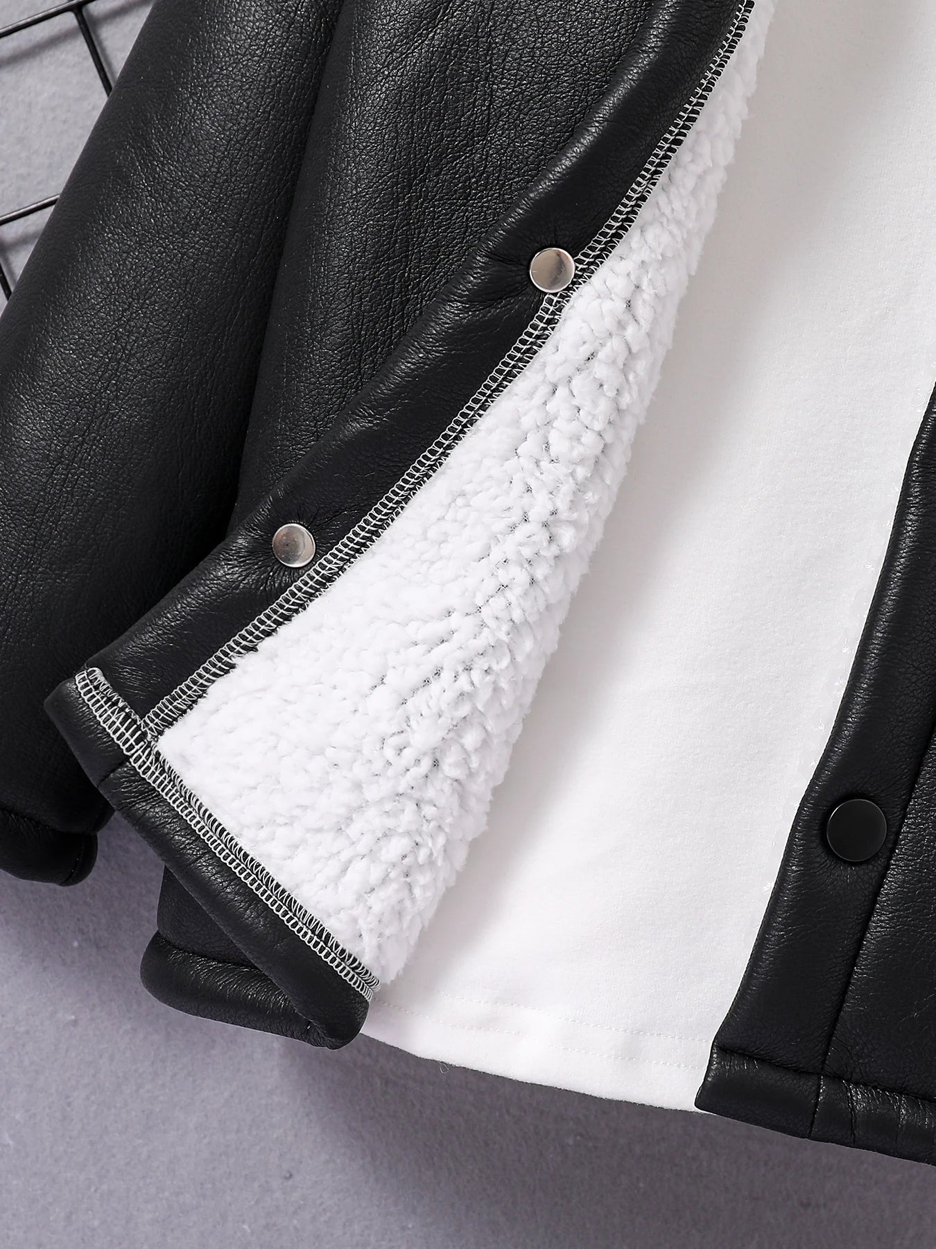 Fall/Winter Boys fashion hooded PU leather black button-lined wool top