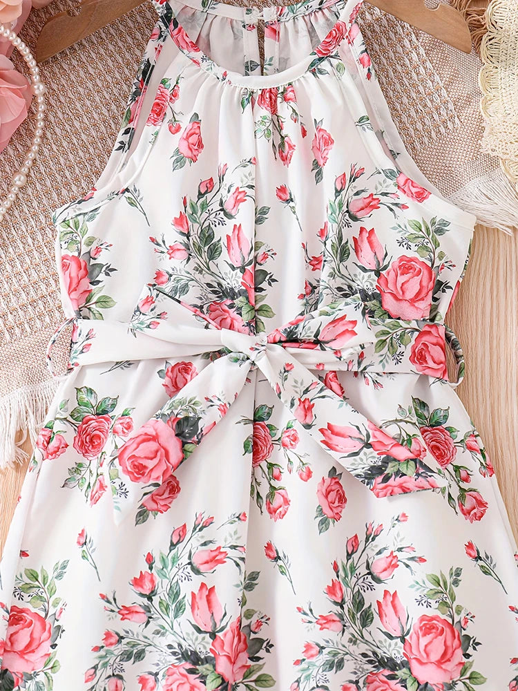 Girls' Summer Romantic Floral Pattern Spliced Dress   Ruffle Hem Belt Casual Vacation Halter Dress