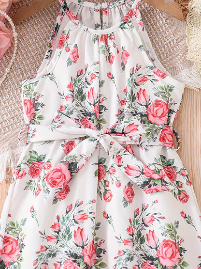 Girls' Summer Romantic Floral Pattern Spliced Dress   Ruffle Hem Belt Casual Vacation Halter Dress
