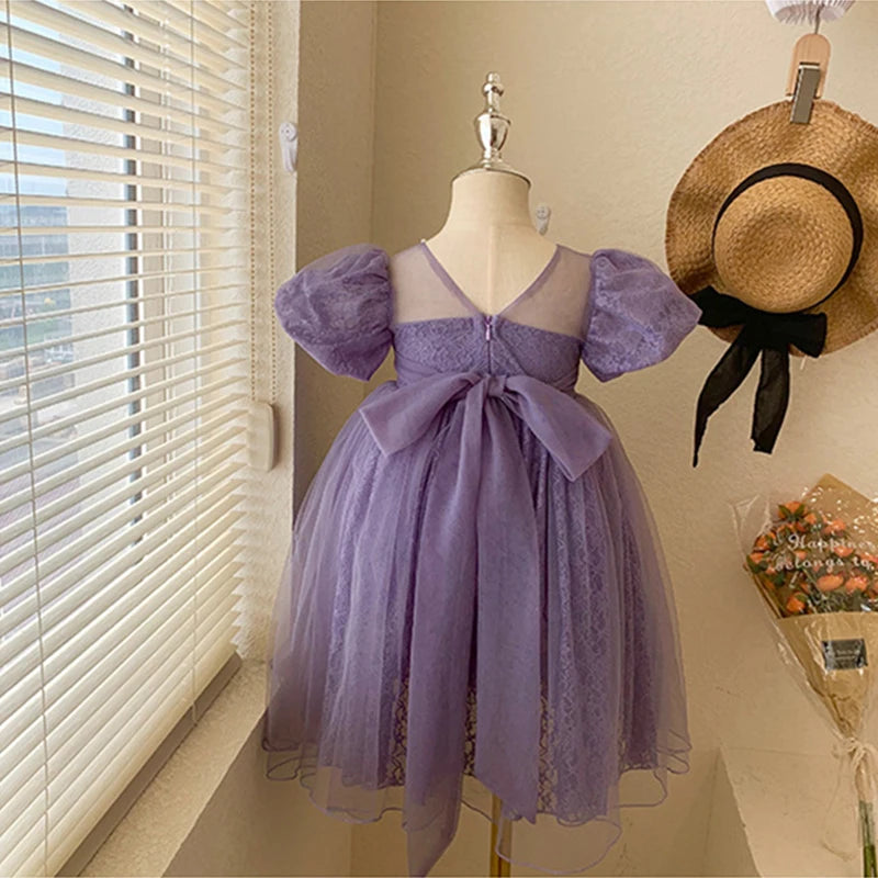 New Girls Party Dress Summer Elegant Princess Dress Purple Mesh Dress 1-9 Years Kids Bow Birthday Party Clothes