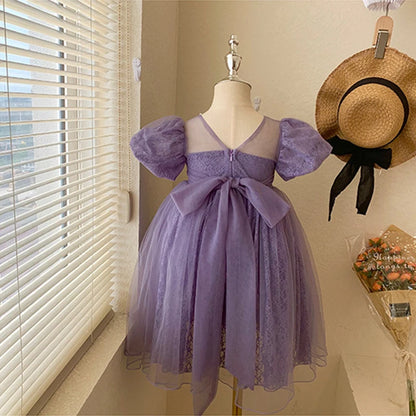 New Girls Party Dress Summer Elegant Princess Dress Purple Mesh Dress 1-9 Years Kids Bow Birthday Party Clothes