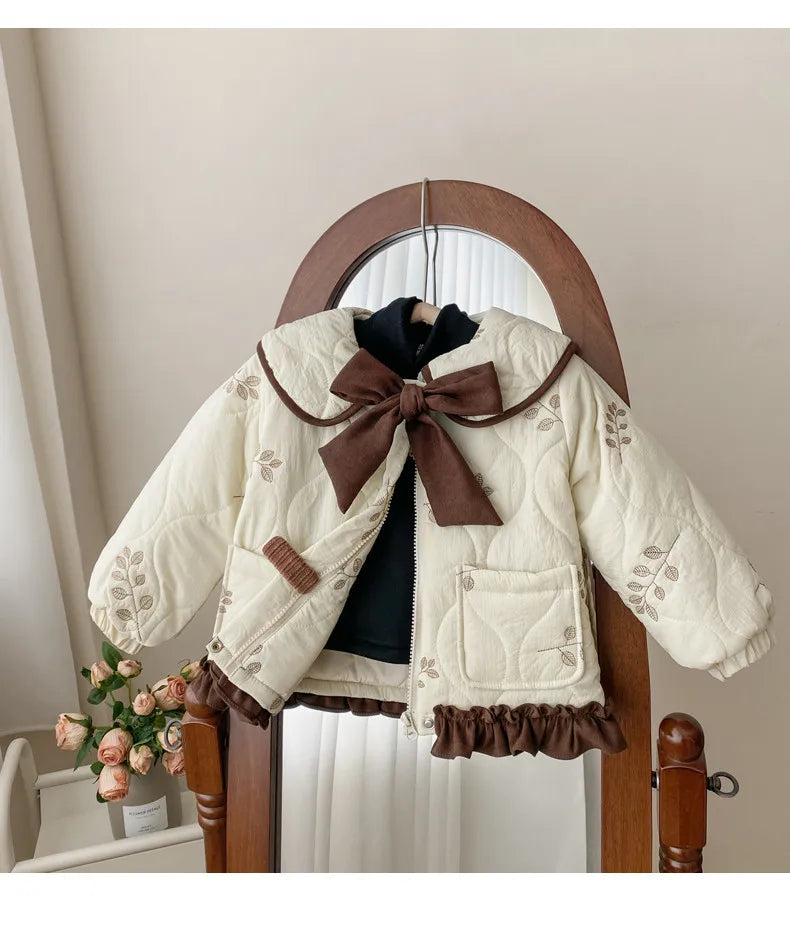 Winter Girls Coat Kids Baby Parkas Cotton Padded Plus Velvet Thickened Warm Children's Coat Solid Girls Embroidery Jacket