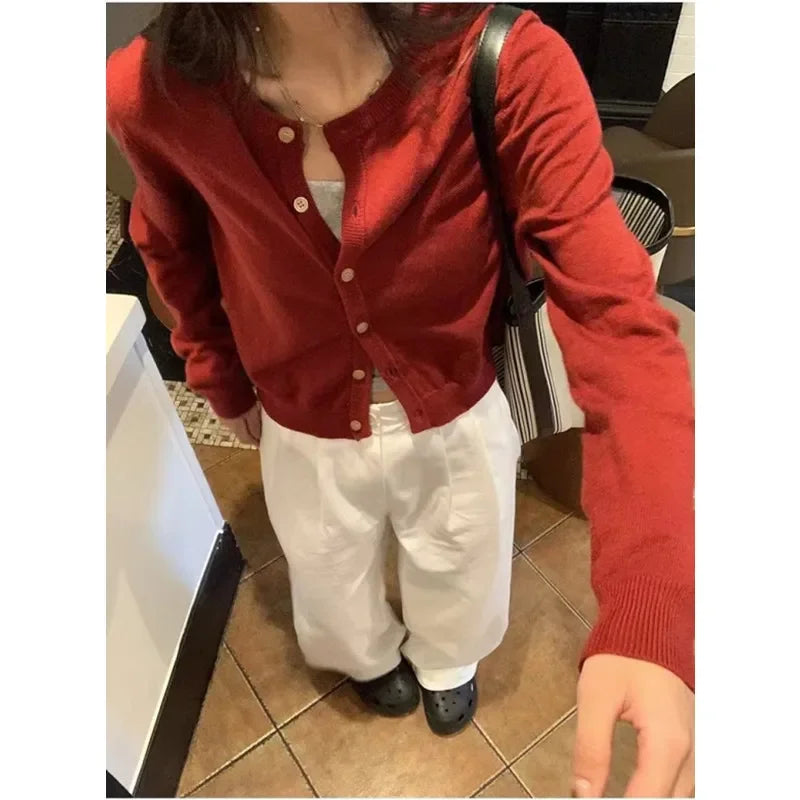 Autumn Long Sleeve Women Elegant Cardigan Sweater Slim Fit Solid Color O-neck Knitted Top Fashion Short Coat