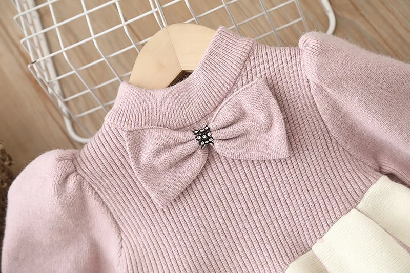 Girls' Sweater Skirt Sweaters Long Dress2025Autumn and Winter New Bow Sweet Princess Dress