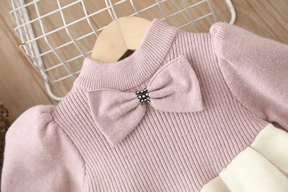 Girls' Sweater Skirt Sweaters Long Dress2025Autumn and Winter New Bow Sweet Princess Dress