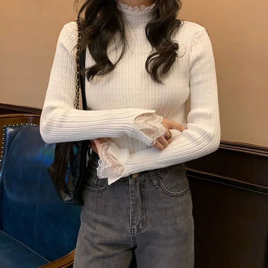 autumn Knitted Turtleneck Long Sleeve Slim Jumper Tops Women Sweater Pullover Lace splicing Ladies Casual Shirts Soft Clothing