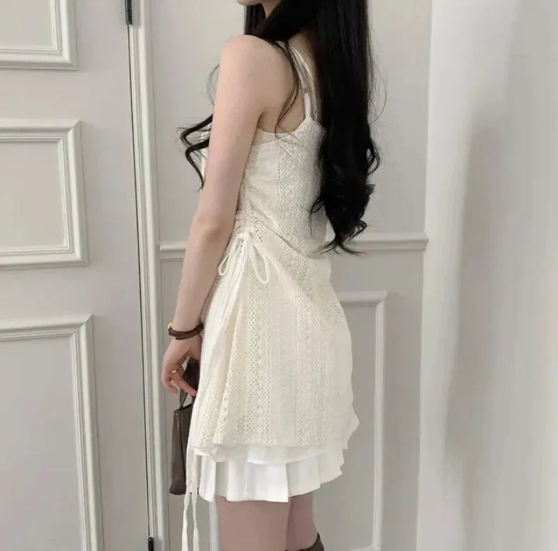 Summer Dress Women Chic French Lace Stitching Sling Shirt Stacked Gauze Knitted Dress Overskirt Inner Wear Base Short Dress