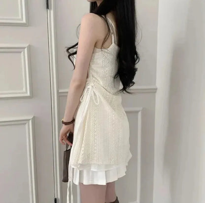 Summer Dress Women Chic French Lace Stitching Sling Shirt Stacked Gauze Knitted Dress Overskirt Inner Wear Base Short Dress