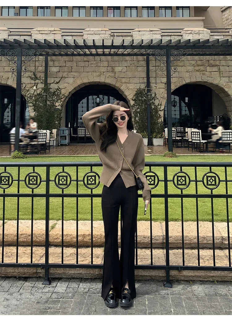 Zjaiss 2025 Autumn Winter Elegance Solid Color V-neck Sweater Knitted Casual Cardigan Unique And Niche Slim Fit Tops