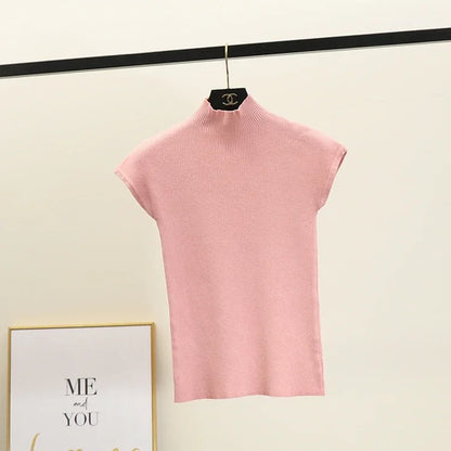 Sleeveless Mock Neck Knit Top for Women Stretchy Rib-knit Pullovers Sweater Layered Tops Female Spring Summer Basic Outfit