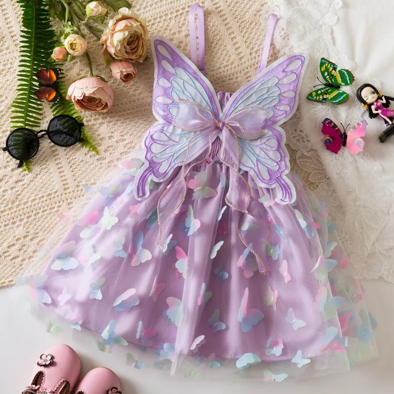 Baby Girl Party Princess Dress Summer Toddler 3d Fairy Butterfly Wings Sleeveless Tulle Sling Dress Children Birthday Party Gown