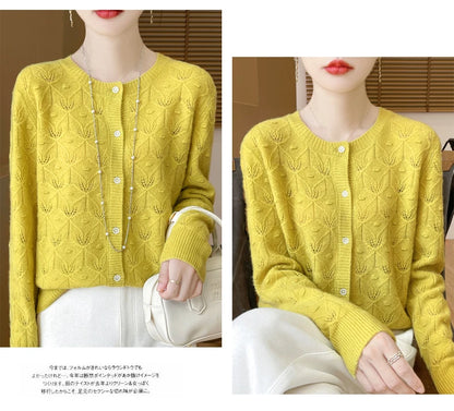 2024 Autumn And Winter New Round Neck Hollowed Out 100 Wool Knitted Cardigan Women's Versatile Coat Loose Casual Sweater DMR281