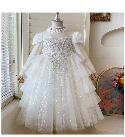 Girls' Winter Dress Light Luxury High End Birthday Banquet Performance Flower Girl Sleeve Thickened Skirt Plush Princess Dress