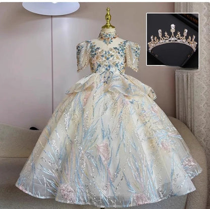 Girls Summer Party Dress Puffy PrincessFlower Pageant Host Formal Gown Girl Outfit Piano Recital Performance Birthday Wedding