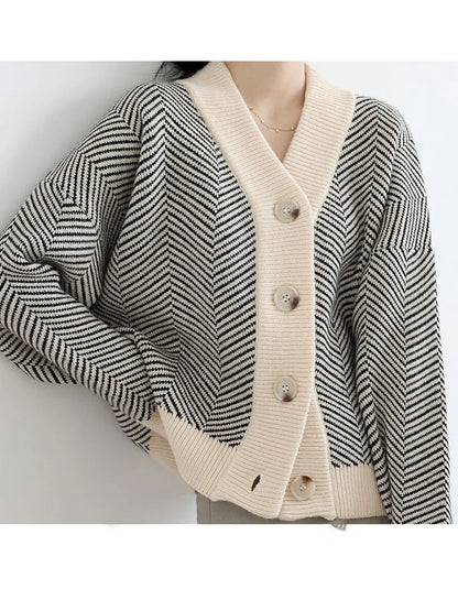 Winter Women Casual Striped Loose Cardigan Sweater V Neck Bottons Sweater Autumn Long Sleeve Knitted Coat Elegant Winter Clothes