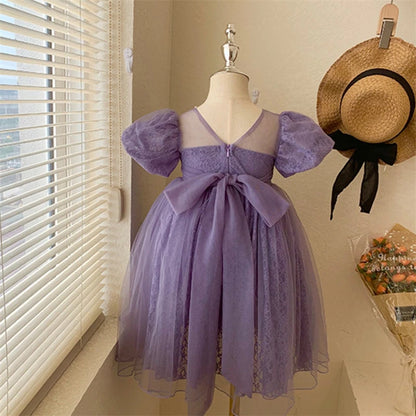 New Girls Party Dress Summer Elegant Princess Dress Purple Mesh Dress 1-9 Years Kids Bow Birthday Party Clothes