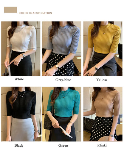 Fall Korean Style Women's Sweaters Solid Color Slim Fit Half Sleeve Knitted Pullover Jumpers Basic WomanTshirt T-shirt Tee Shirt