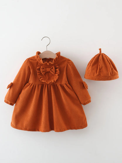 Winter New Girls' Dress Lace Pleated Bow Solid Color Two-Piece Long-Sleeved Dress + Cap Puffed Sleeve Lace Neckline
