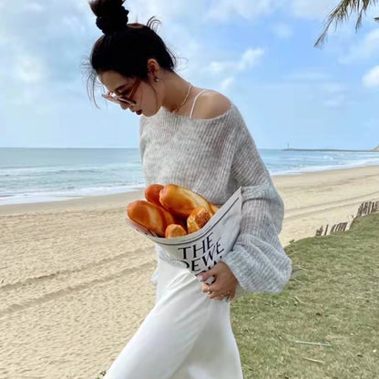 Summer simple hollow out lightweight and slightly transparent long sleeved knitted sweater Spring new women's pullover