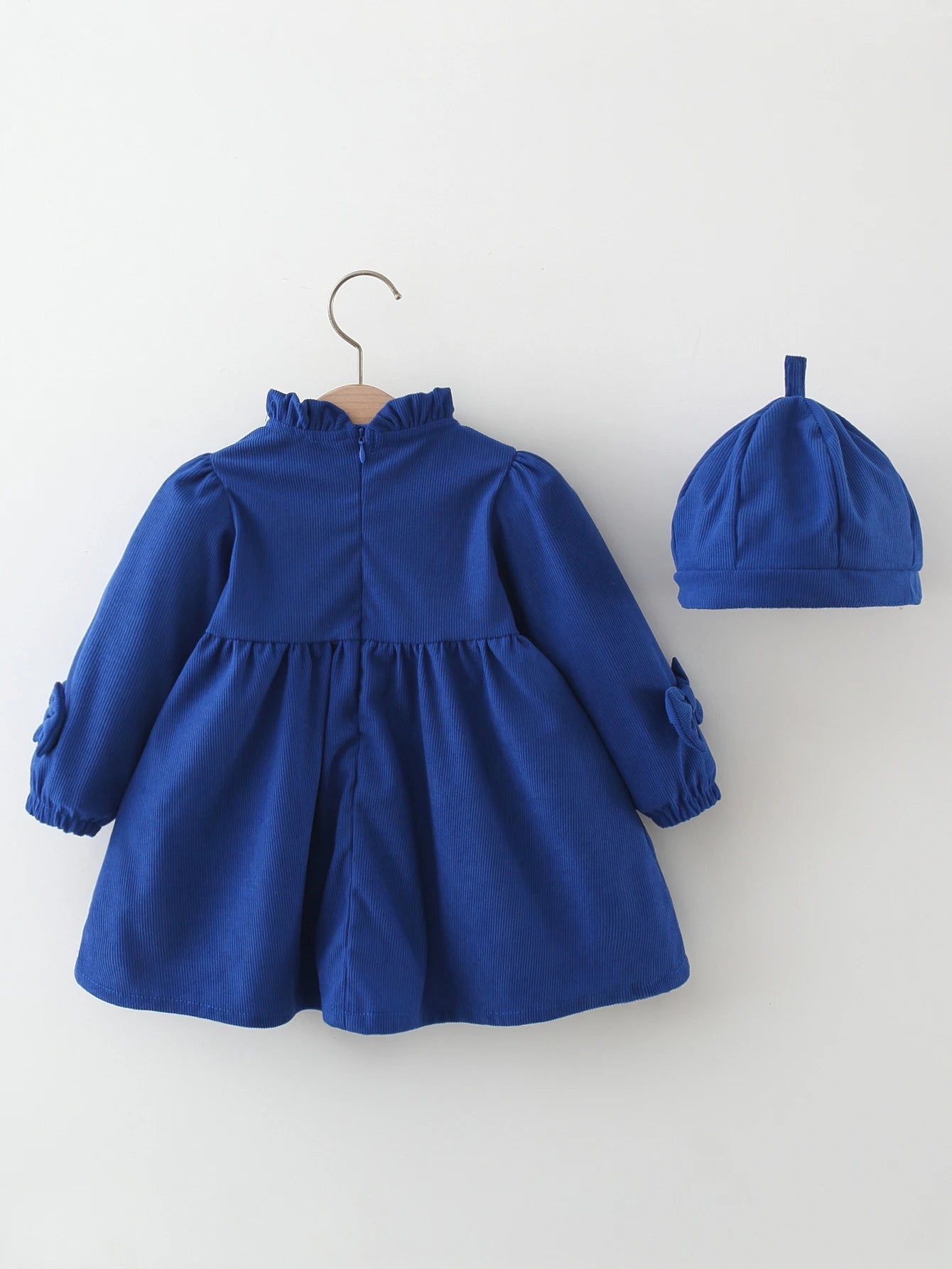 Winter New Girls' Dress Lace Pleated Bow Solid Color Two-Piece Long-Sleeved Dress + Cap Puffed Sleeve Lace Neckline