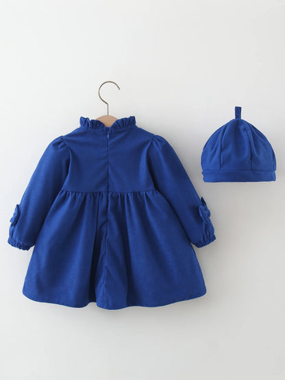 Winter New Girls' Dress Lace Pleated Bow Solid Color Two-Piece Long-Sleeved Dress + Cap Puffed Sleeve Lace Neckline