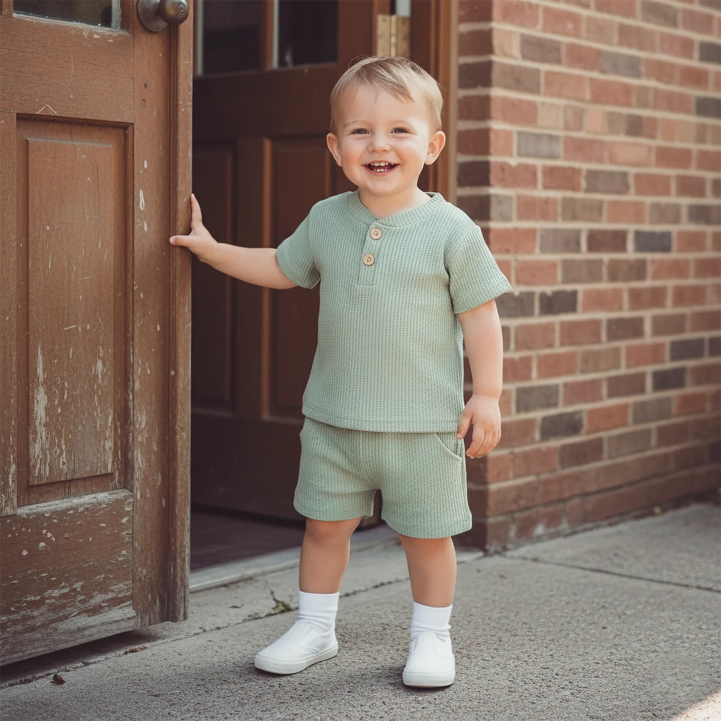 Toddler Baby Boys Summer Clothing Sets Solid Color Short Sleeve O-neck Button Waffle T-shirts Tops with Shorts 2ocs Outfits